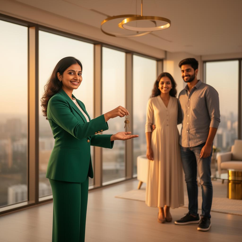 Indian woman broker in emerald blazer handing keys to a young couple in a sunlit apartment