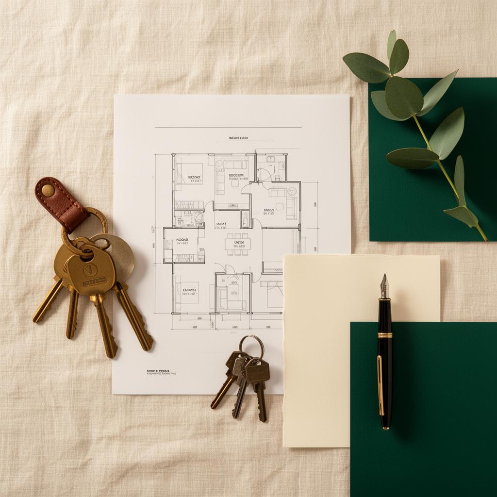 Floor plans, brass keys and fountain pen on cream linen — premium property inventory